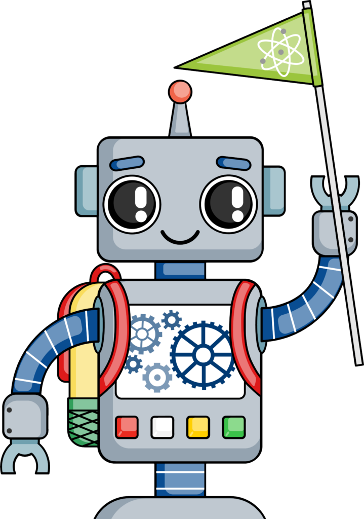 Illustration of a happy robot with a red backpack and holding up a green flag